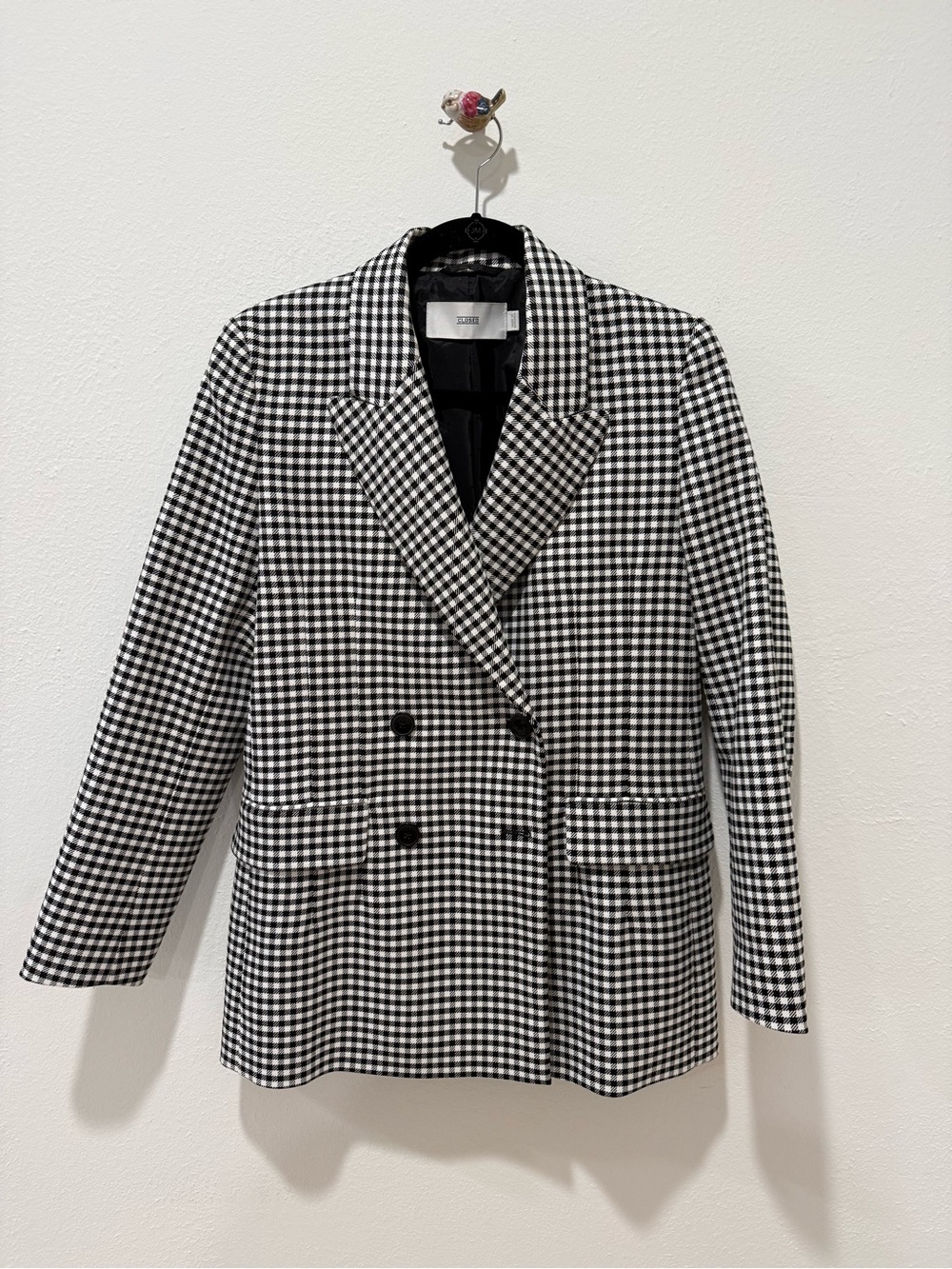 Classic Black & White Gingham Double-Breasted Blazer